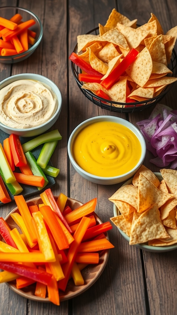 A spread of quick snacks, including vegetable sticks, hummus, tortilla chips, and cheese cubes on a wooden table.